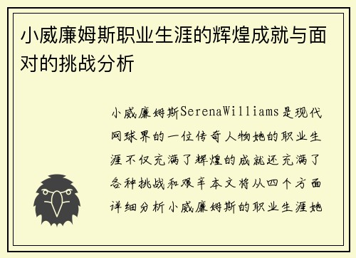 小威廉姆斯职业生涯的辉煌成就与面对的挑战分析