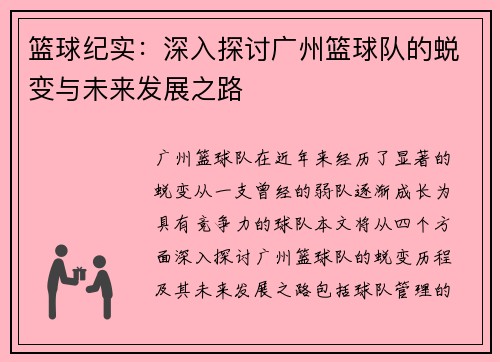 篮球纪实：深入探讨广州篮球队的蜕变与未来发展之路
