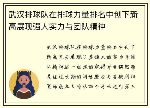 武汉排球队在排球力量排名中创下新高展现强大实力与团队精神